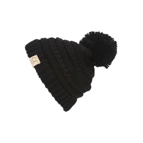 Gravity Threads  Kids Warm Cable Knit Thick Soft Beanie w/ Pom - Black