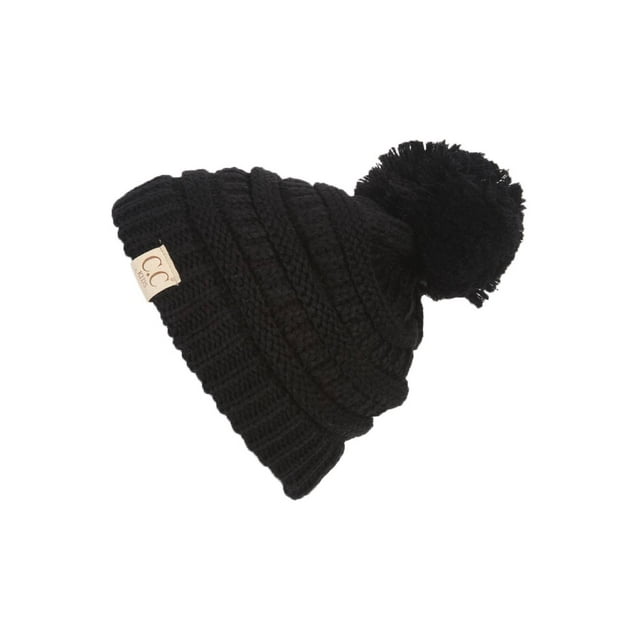 Gravity Threads Kids Warm Cable Knit Thick Soft Beanie w/ Pom - Black