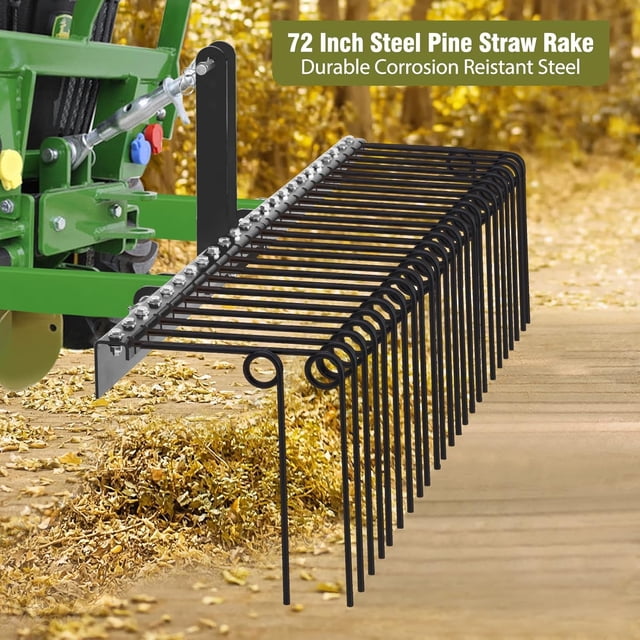 72 in Heavy Duty Pine Straw Rake 30 Coil Spring Tines Durable Powder Coated Steel Tow Behind Landscape Rake with 3 Point Hitch Receiver Attachment Fit to Cat0 Cat 1 Tractors for Leaves Grass Black