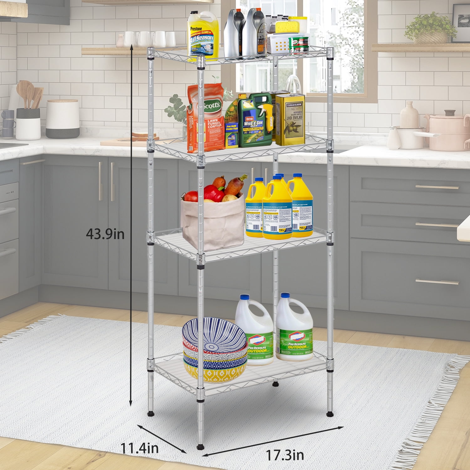 NiamVelo 4-Tier Storage Shelves Adjustable Wire Shelves Metal Shelf with 4 PP Sheets for Kitchen Bathroom  Garage, Chrome