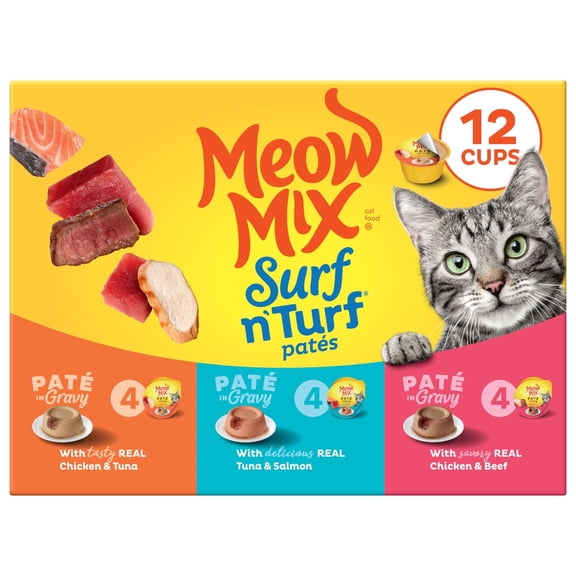 Meow Mix Pate in Gravy Surf n’ Turf Pates Variety Pack, Wet Cat Food, 2.75 oz Cup, 12 Pack