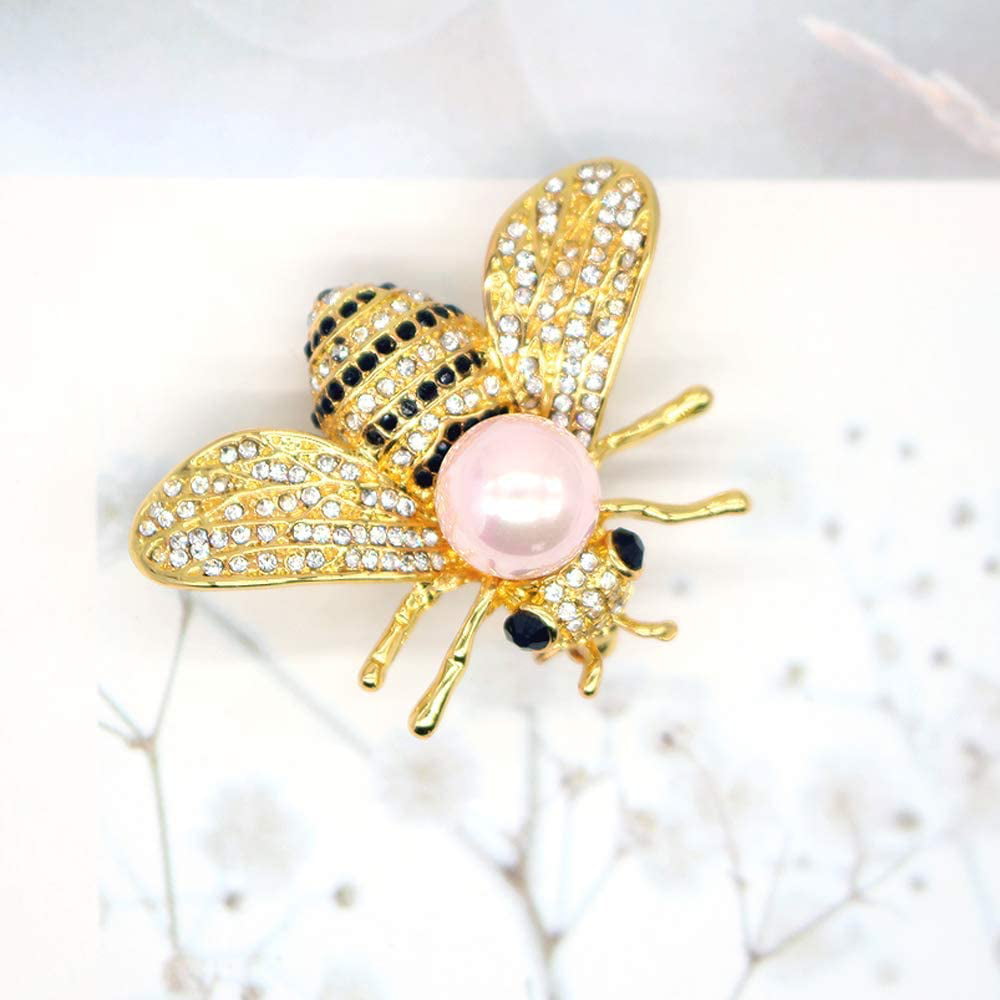 HSQYJ Honey Bee Brooches Crystal Insect Themed Bee Brooch Animal Fashion Shell Pearl Brooch Pin Gold Tone