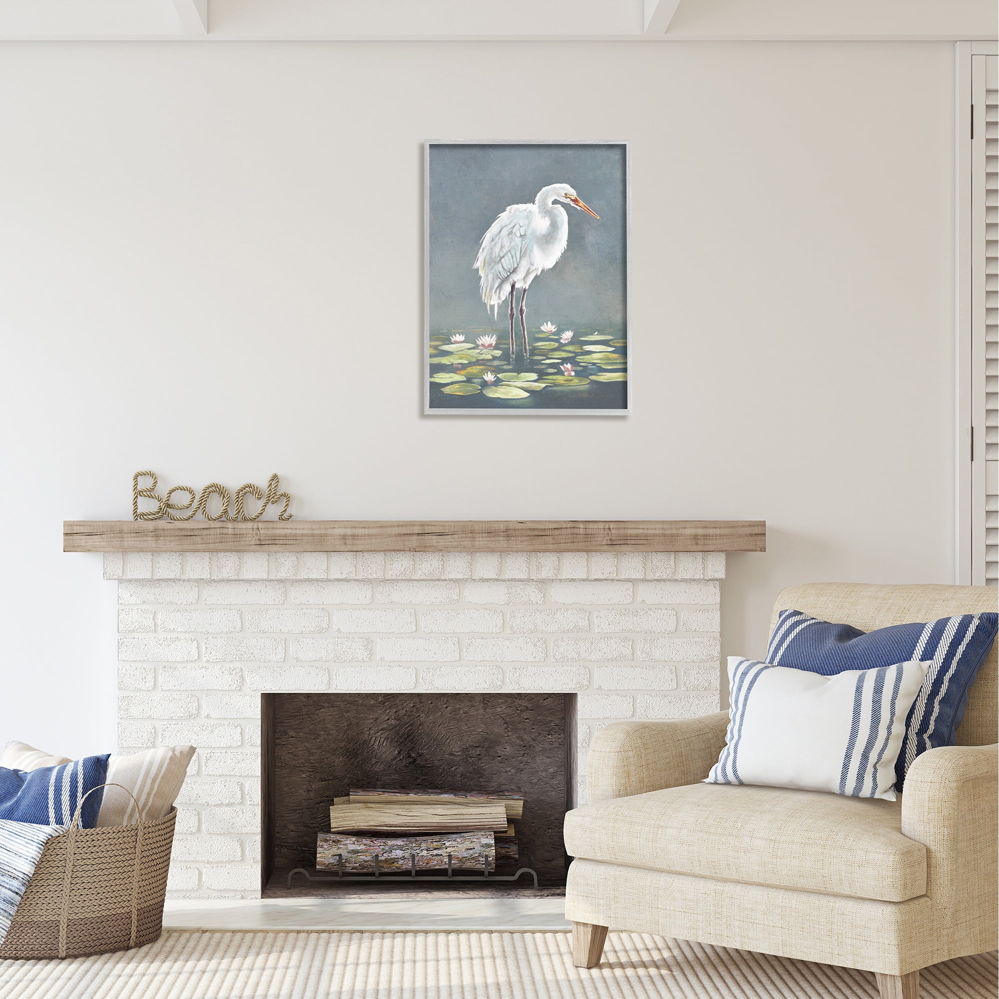 Stupell Industries White Heron & Pond Lilies Animals & Insects Painting Gray Framed Art Print Wall Art, 24 x 30