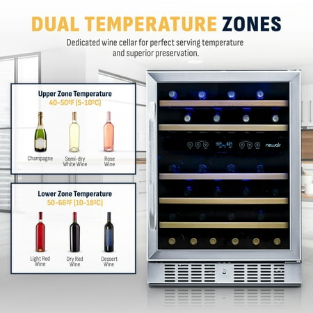 NewAir - 24” Built-in 46 Bottle Dual Zone Compressor Wine Cooler with Beech Wood Shelves - Stainless Steel