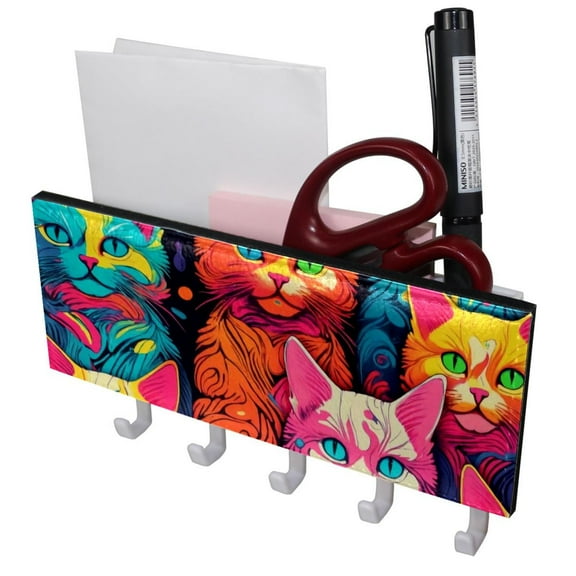 PhooArto Key Holder for Wall Decorative with 5 Key Hooks, Neon Kitten Color Pattern Holders Wall Mount Organizer with Mail Key Rack, Self Adhesive