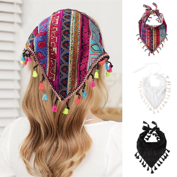 HuangHuanChen Boho Headbands for Women Tie-Back Triangle Head Scarf Head Kerchief Headband Knit Head Wrap Hair Scarves Headband for Women Non Slip Boho Triangle Tassel Bandana Red One Size