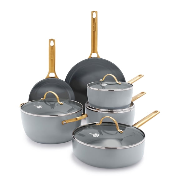 GreenPan Reserve Juego de ollas y sartenes antiadherentes de cerámica saludable, anodizado duro, 10 piezas, mangos de acero inoxidable en tono dorado, sin PFAS ni PFOA, apto para lavavajillas, horno y