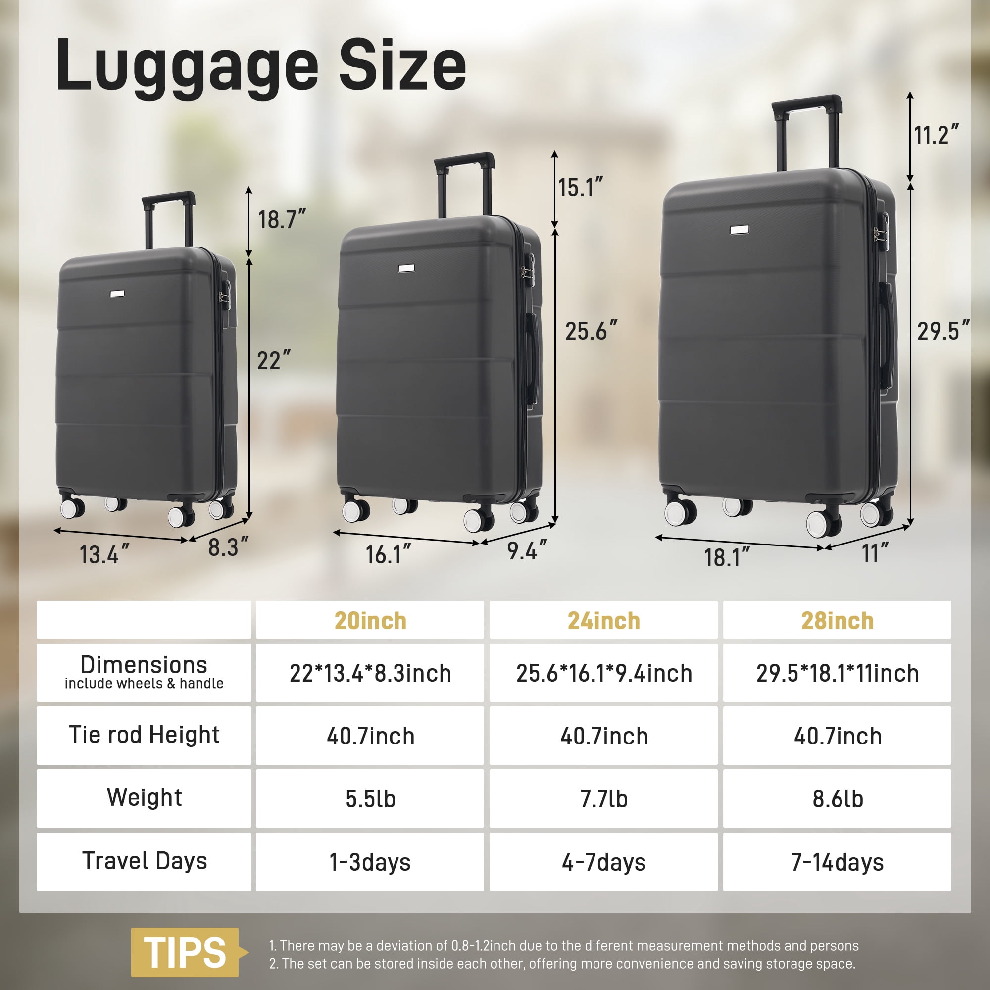 Euroco 3 Piece ABS Hardshell Luggage Sets,Lightweight Durable Suitcase with Spinner Wheels,Carry-on & Checked Travel Luggage(20"/24"/28"),Charcoal