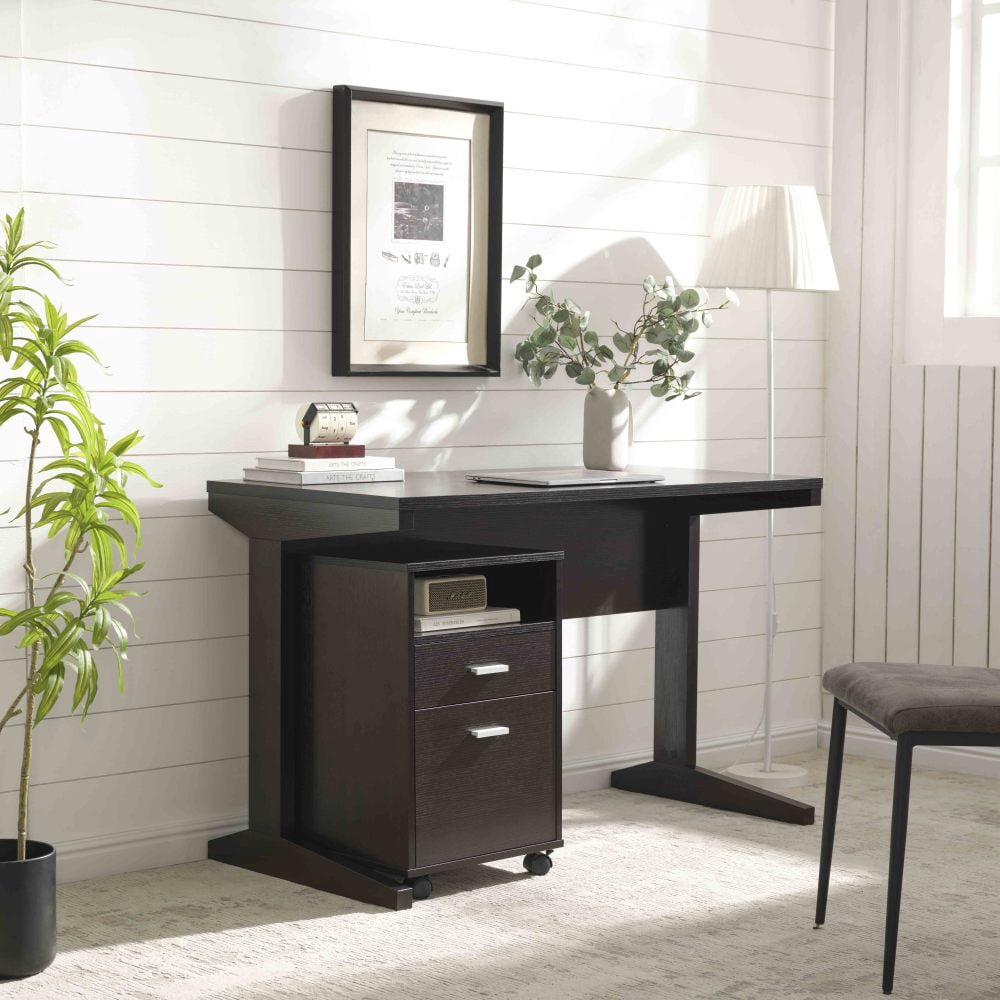 Home office desk with modesty panel and detached file cabinet on locking wheels with two drawers file drawer cubby shelf metal bar handle Cocoa color