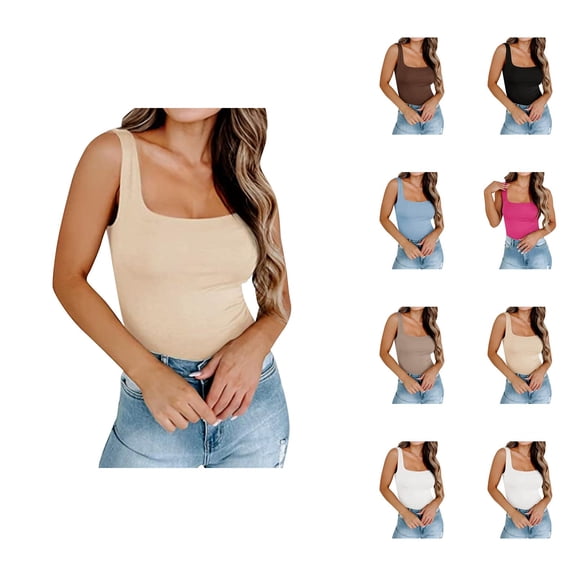 Basic Tank Tops for Women Casual Plain Square Neck Fitted Sleeveless Shirt Undershirts Summer Outfits