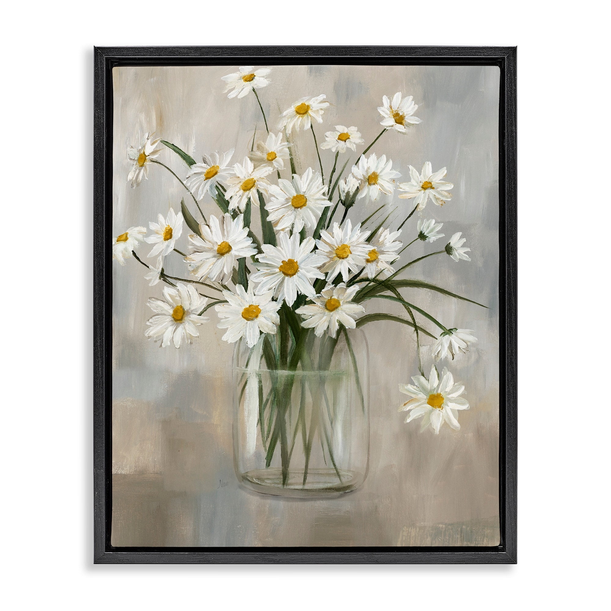 Stupell Industries Daisy Bloom Bouquet Potted Flowers Abstract Pattern Jet Black Framed Floating Canvas Wall Art, 16x20, by Nan