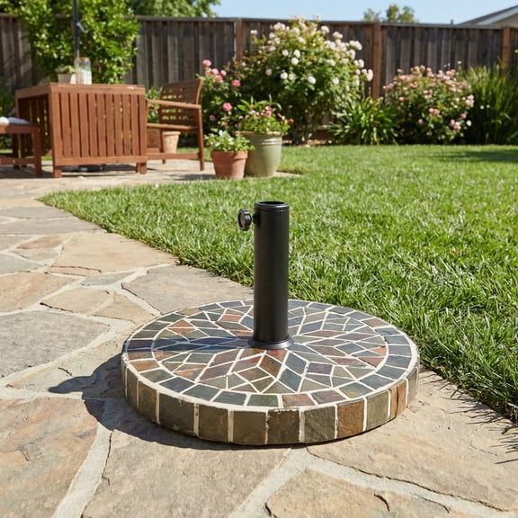 Christopher Knight Home Round Tile Outdoor Umbrella Base, Mosaic Ceramic Stand with Pole Holder