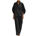 thumbnail image 4 of Ecqkame Two Piece Sets for Women Summer Casual Linen 3/4 Sleeve Top and Wide Leg Pants Lightweight Vacation Solid Color Outfit Set Black M, 4 of 9