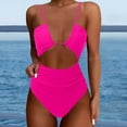 thumbnail image 2 of VNKIDY Womens Solid Color Hollow Out One Piece Swimsuit Spaghetti Strap V Neck Ruched Waist High Cut Swimsuit For Summer Beach Wear Pink XXL, 2 of 5