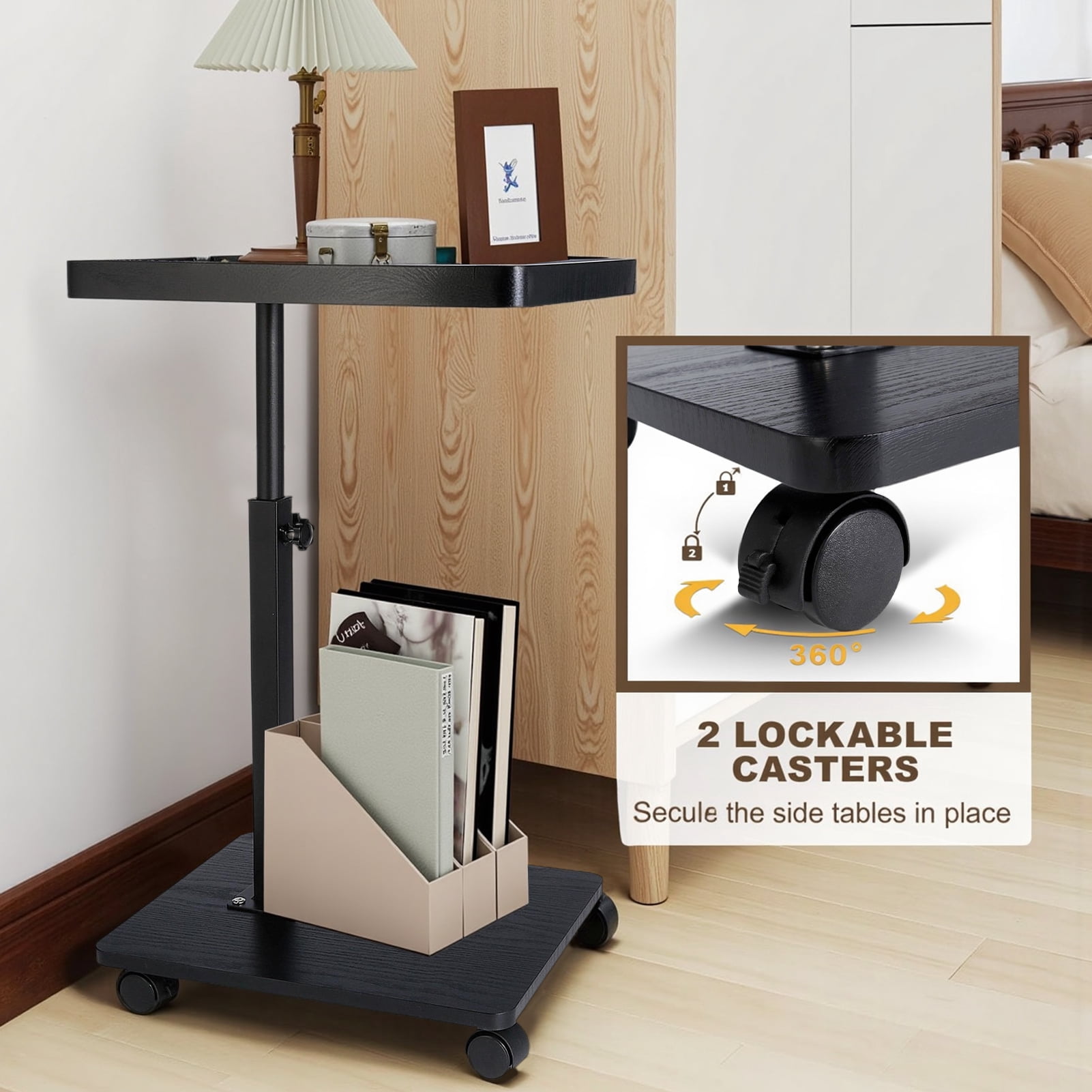 ManyFun C Shaped Side Table End Table, 360° Swivel and Adjustable Height ,living room and bedroom (Black)