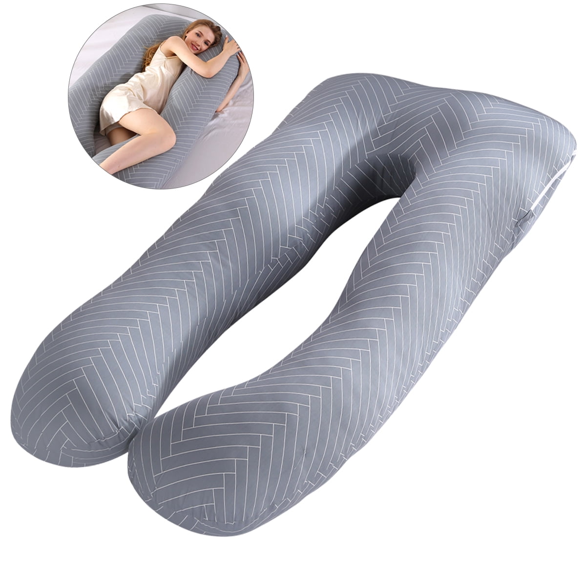 U-Shape Pregnancy Pillow 51 Inch Maternity Pillow with Washable Cover Nursing Support Cushion for Pregnant Women Side Sleeping (Gray Stripe)