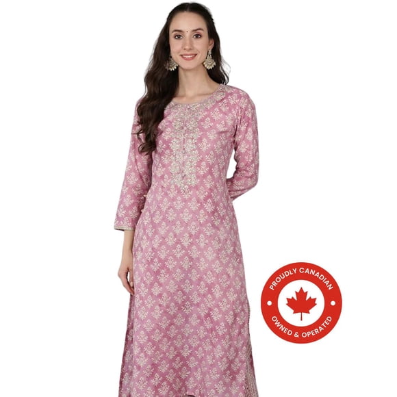 DWEEP SARA Women's Pink Silk Blend Embroidered Straight Kurta with Ethnic Motifs – Festive & Traditional Wear | 3/4 Sleeves | Elegant Indian Tunic 4XL/48