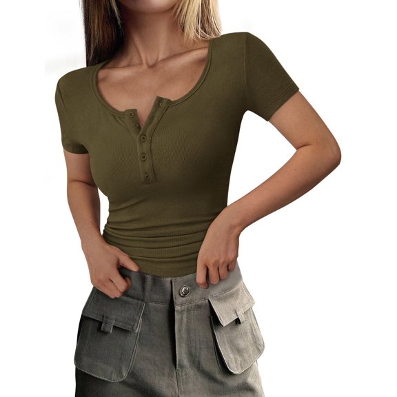 Camiseta PRETTYGARDEN Henley Ajustada Manga Corta Verde Militar M