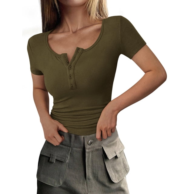 Camiseta PRETTYGARDEN Henley Ajustada Manga Corta Verde Militar M