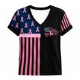 thumbnail image 4 of Women's Casual Breast Cancer Awareness T-Shirt, Pink Ribbon American Flag Graphic Tee, Women's Crew Neck Short Sleeve Printed T-Shirt for Daily Wear, October Campaign Support Black L, 4 of 4