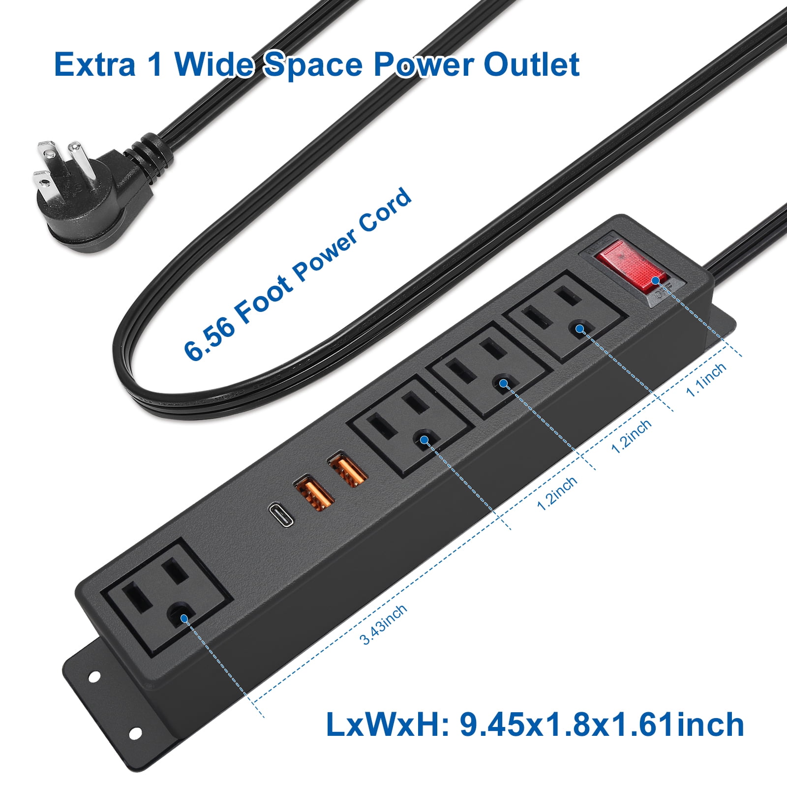 Wall Mount Power Strip USB C Fast Charge 20W 4 AC Outlets and 3 USB Ports