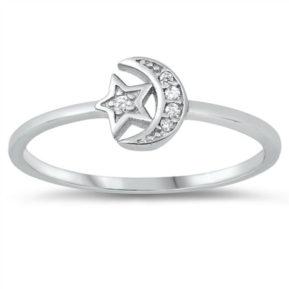 Clear CZ Crescent And Star Ring Sterling Silver Size 9