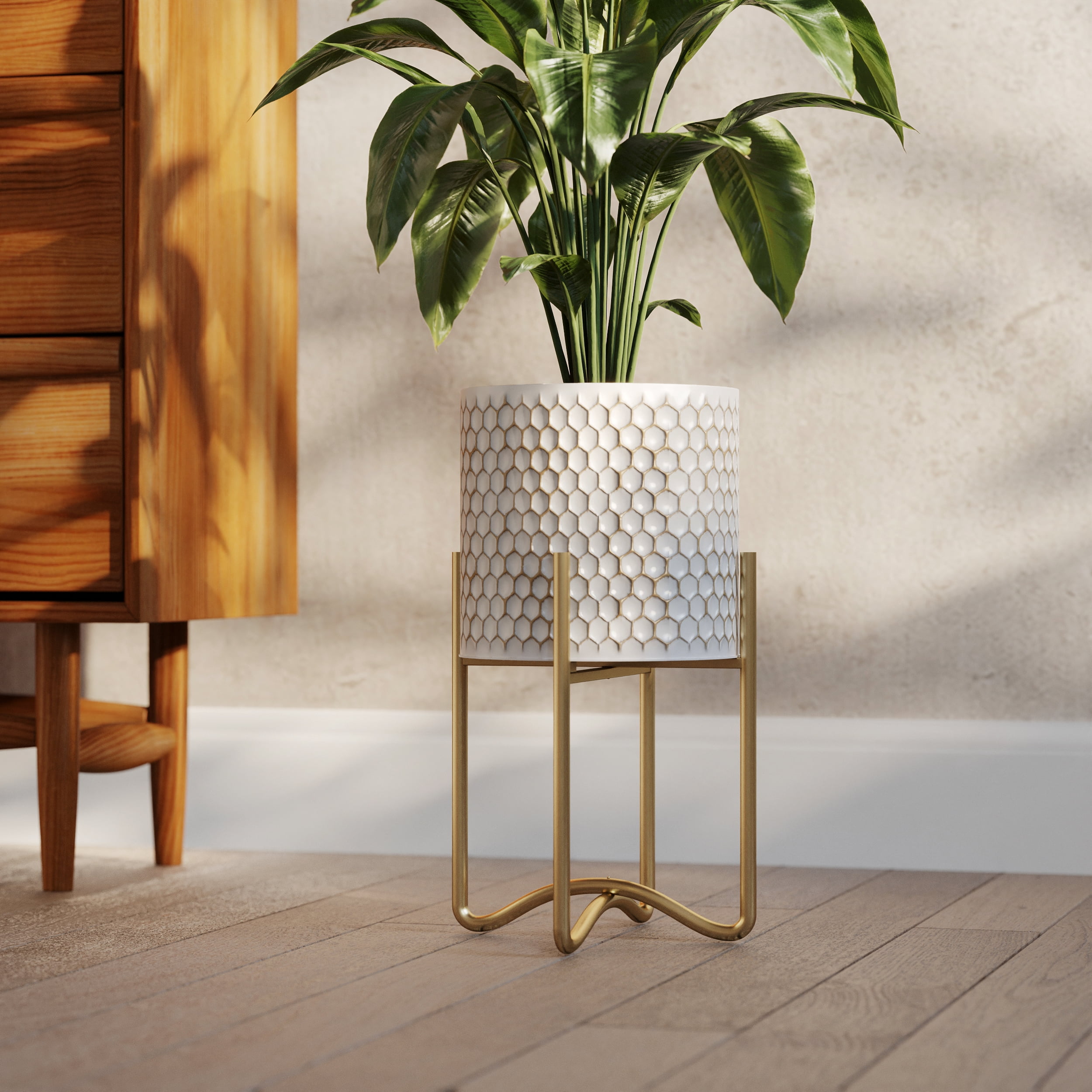 Aspire Home Accents 16.25" x 9.25" Round Metal Solid Honeycomb Planter with Tall Metal Base