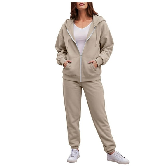 YDFCWXW Womens 2 Piece Outfits Lounge Zip Hoodie Sweatsuit Sets Oversized Sweatshirt Baggy Fall Fashion Sweatpants with Pockets Beige, M