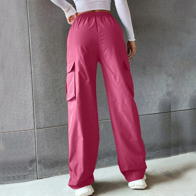 ZXHACSJ Womens Trendy Casual Streetwear Baggy Cargo Pants With Pockets Wide  Leg Trousers Loose Overalls Long Pants Hot Pink L 