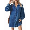 thumbnail image 3 of Women'S Oversized Denim Shirt Dress Button Up Lantern Long Sleeve Tiered Frayed Hem Mid Jean Dress Dark Blue XL, 3 of 9