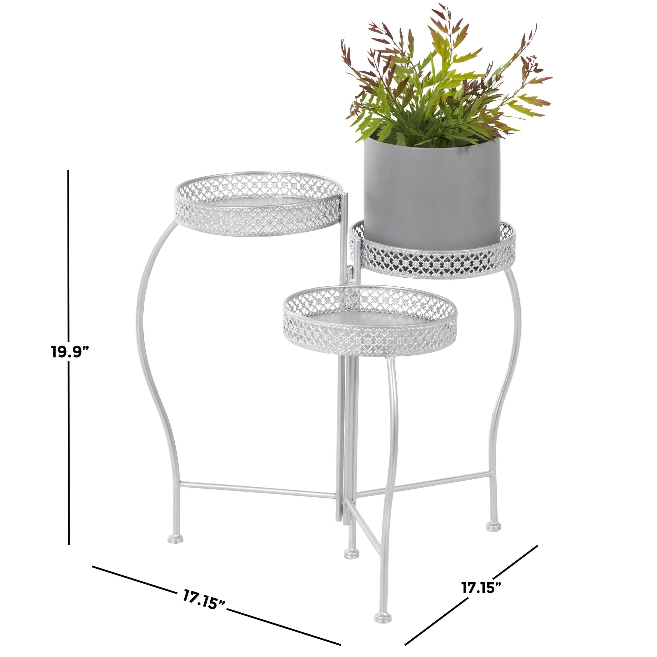 DecMode 17" x 17" x 20" 3 Tier Silver Metal Curved Folding Plantstand with Floral and Scroll Patterns
