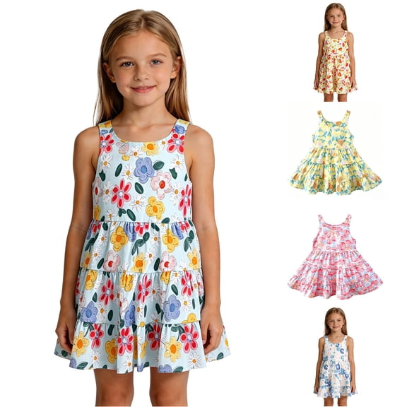WhouRiu Girls Summer Floral Graphic Dress Casual Sleeveless Crew Neck Tank Dress Kids Comfortable Cute Party Sundress,3-4 Years