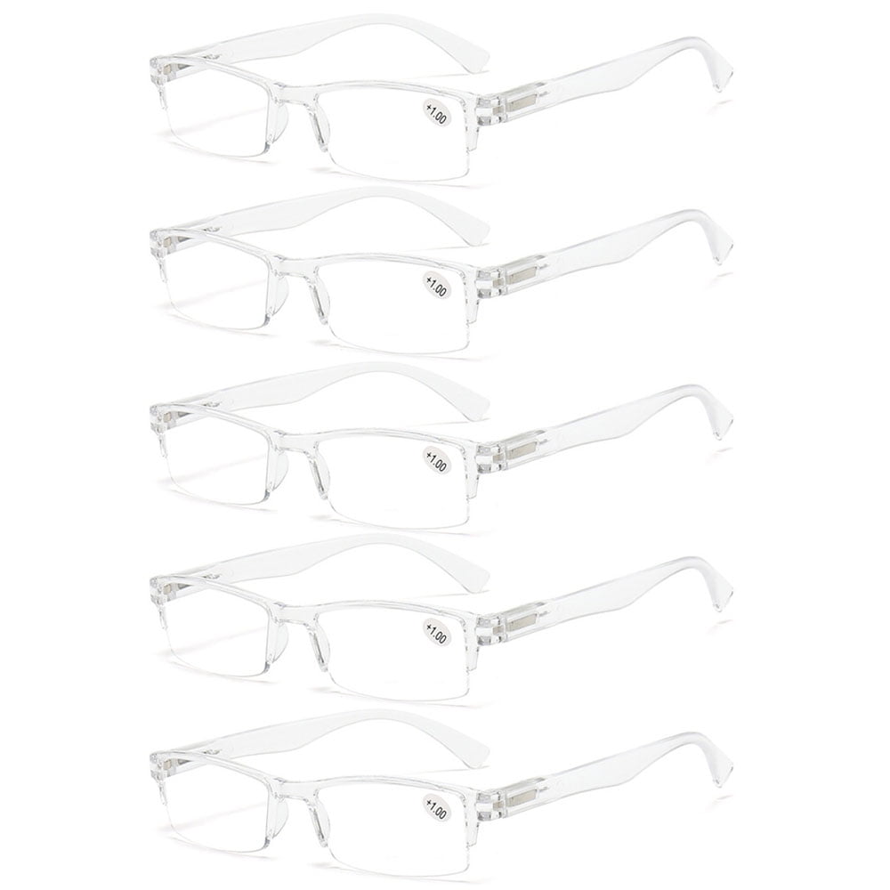 5 Pairs of Transparent Retro Rectangle Spring Hinge Reading Glasses 1.50 for Men and Women, Clear Half Rimless Lightweight Plastic Readers +1.50