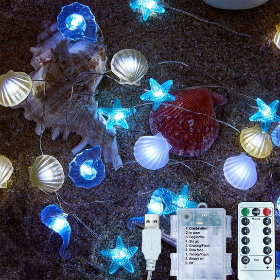 Ocean-Themed LED String Lights – Sea Turtle, Seahorse, Starfish & Shell Designs | Battery or USB Powered Copper Wire Fairy Lights with Remote & Timer (10 ft / 30 LEDs)
