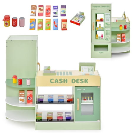 Pretend Grocery Store Playset, Wooden Supermarket Toy Set for Kids with Checkout Counter(Green)
