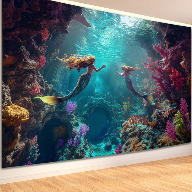 Tapiz con diseño de sirena para colgar en la pared, bajo el agua, fantasía, 150 x 130 cm