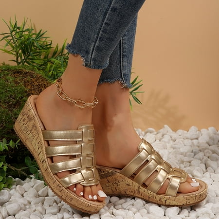 

YOUSNH Ladies Summer Shiny Leather Fish Mouth Roman Shoes Beach Large Size Slope Heel Sandals Slippers Sandals for Women 2024 Gold 7(38)