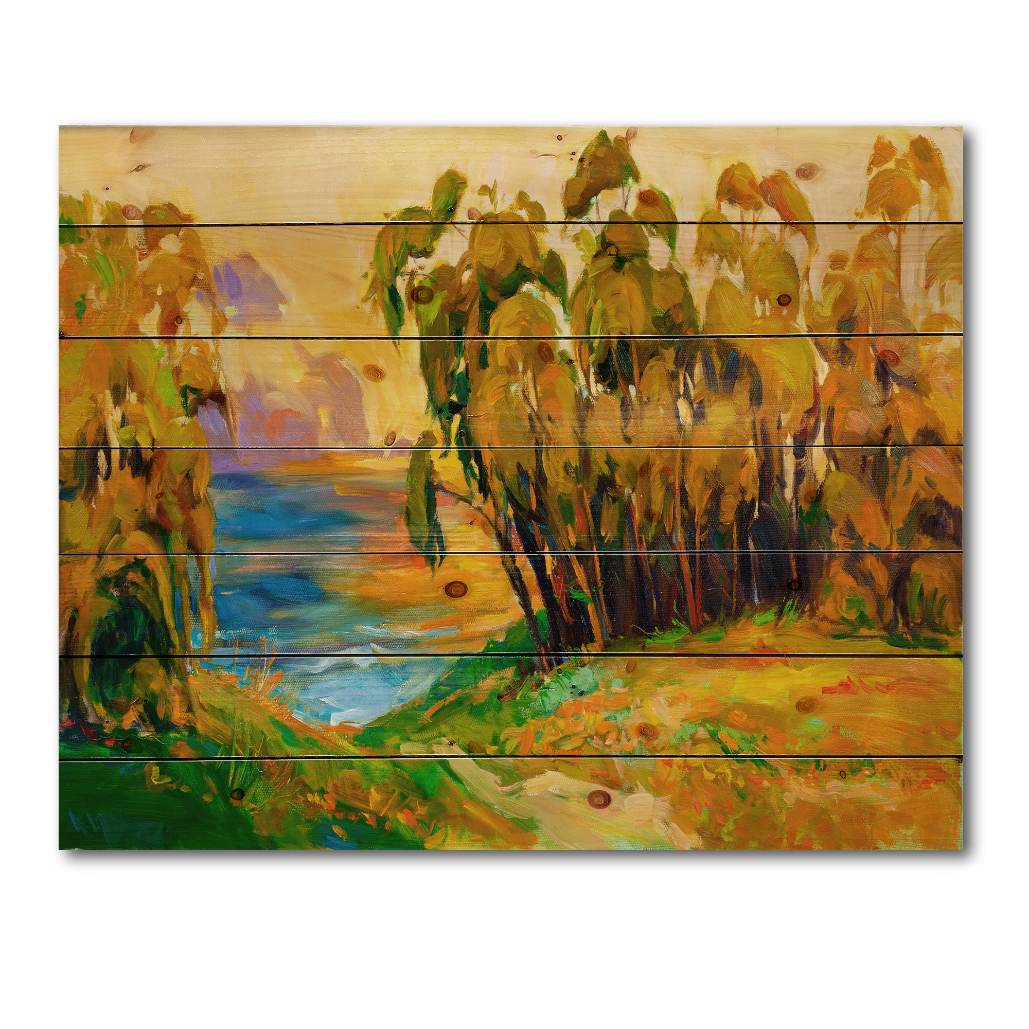 Designart 'Brown Trees By The Riverside During Evenign Glow' Traditional Print on Natural Pine Wood