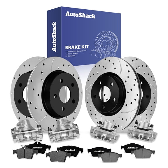 AutoShack Front Vented & Rear Solid Drilled & Slotted E-Coated Brake Rotors   Ceramic Pads   Calipers 16-PC Brake Kit Replacement for 2012-2018 Ford Focus ShadowGuard