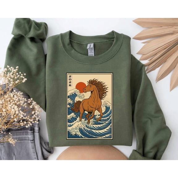 2026 Year of the Horse Sweatshirt, Chinese Wave Art Lunar New Year Sweatshirt - Sizes S-5XL ,Art Print JSC