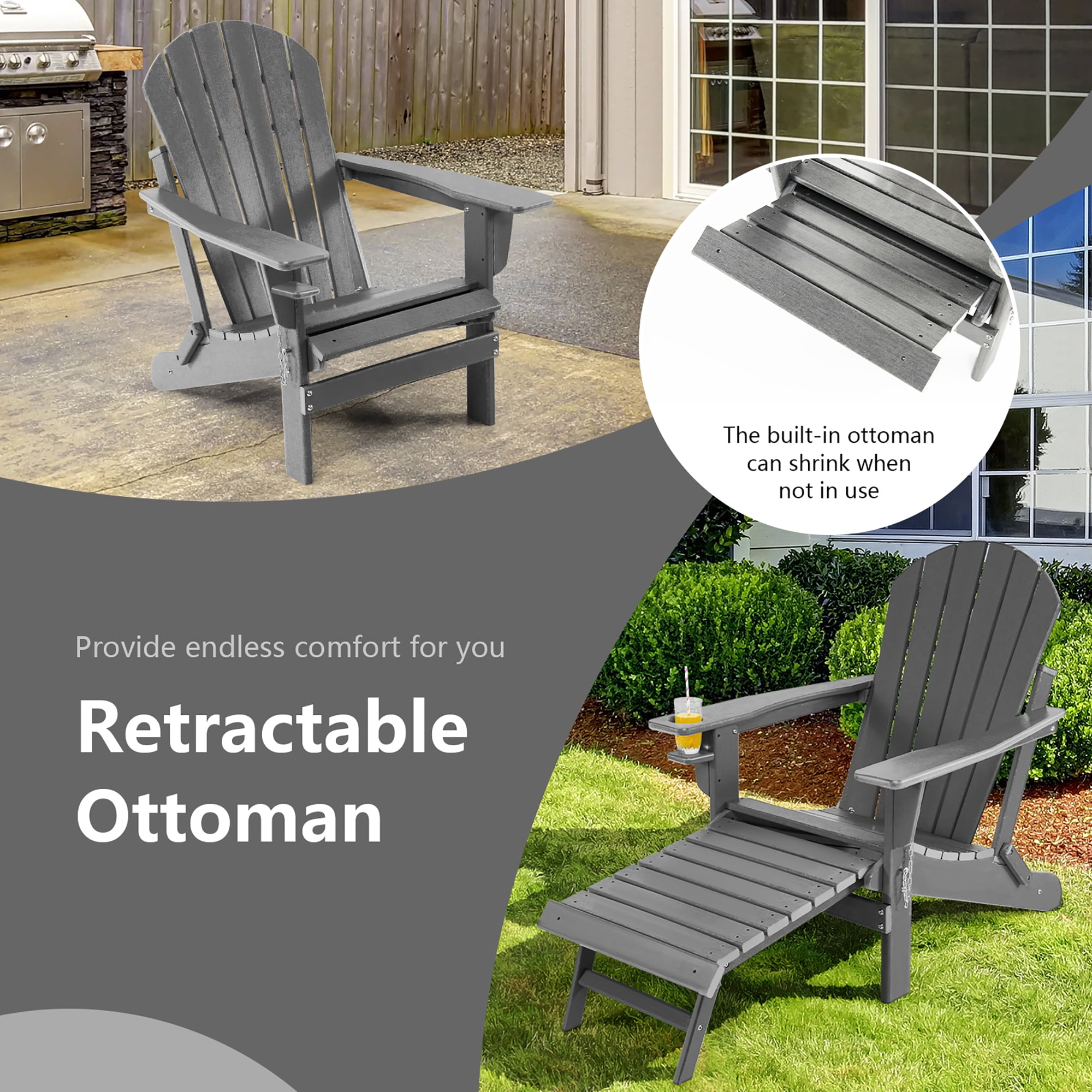 Costway Patio Folding Adirondack Chair HDPE All Weather Pull Out Ottoman Gray