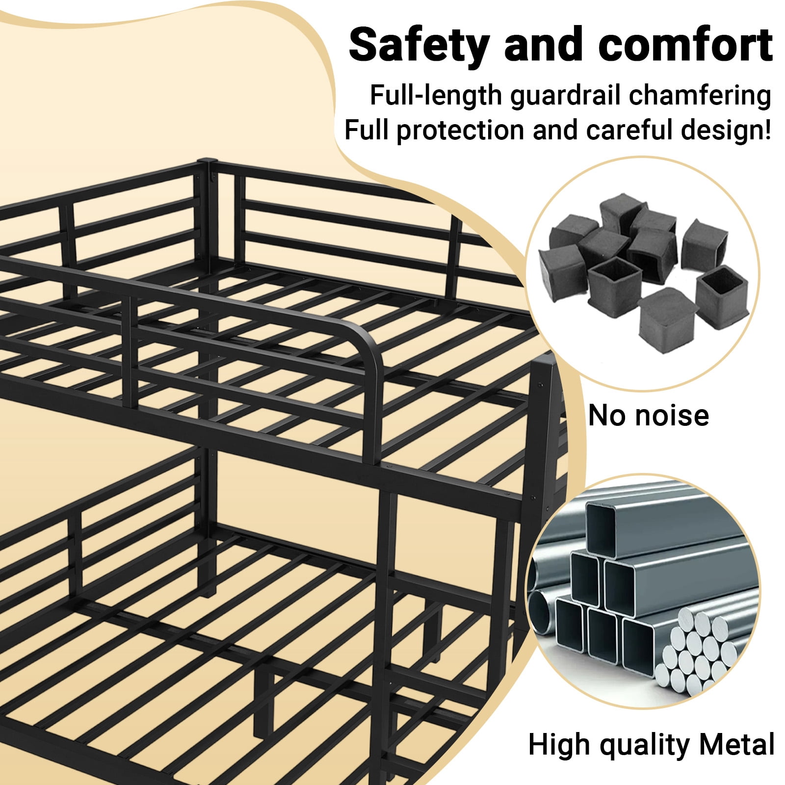 Miniyam Full over Full Metal Bunk Bed Frame with Dual Guardrails and Ladders, Heavy-Duty Quiet Design, Black