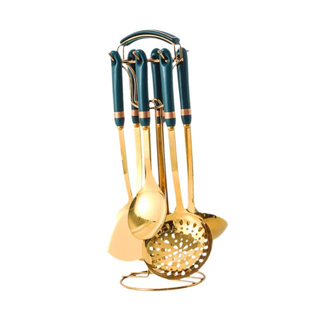 Juego de utensilios de cocina de 7 Uds con soporte giratorio para encimera, herramienta de cuchara grande, espumadera antiadherente, utensilios de verde