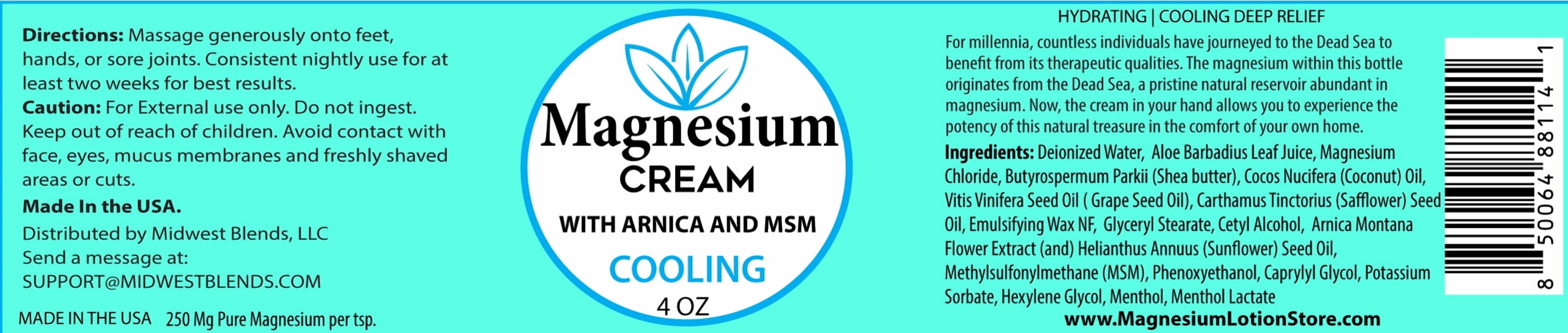 Magnesium Cream Cooling with Dead Sea Minerals – Fast Absorbing Topical Body Lotion – Lightweight, Non-Greasy Skin Moisturizer – Made in USA - Menthol Scent