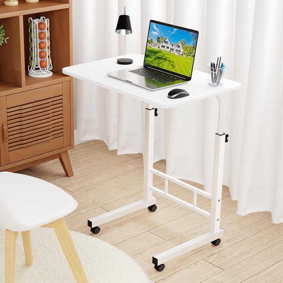 Escritorio Portátil - Escritorio Móvil para Laptop - Mesa para Cama y Sofá - Mesa Auxiliar con Ruedas y Altura Ajustable, Estructura en Forma de C para Home Office (Blanco)