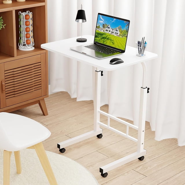 Escritorio Portátil - Escritorio Móvil para Laptop - Mesa para Cama y Sofá - Mesa Auxiliar con Ruedas y Altura Ajustable, Estructura en Forma de C para Home Office (Blanco)