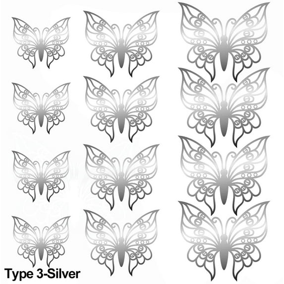 12PCS/Pack Gift Party Supplies Wedding Favor Home Decor 3D Butterfly Stickers Wall Art Hollow Butterflies Decals Gold/Silver/Rosegold SILVER TYPE 3