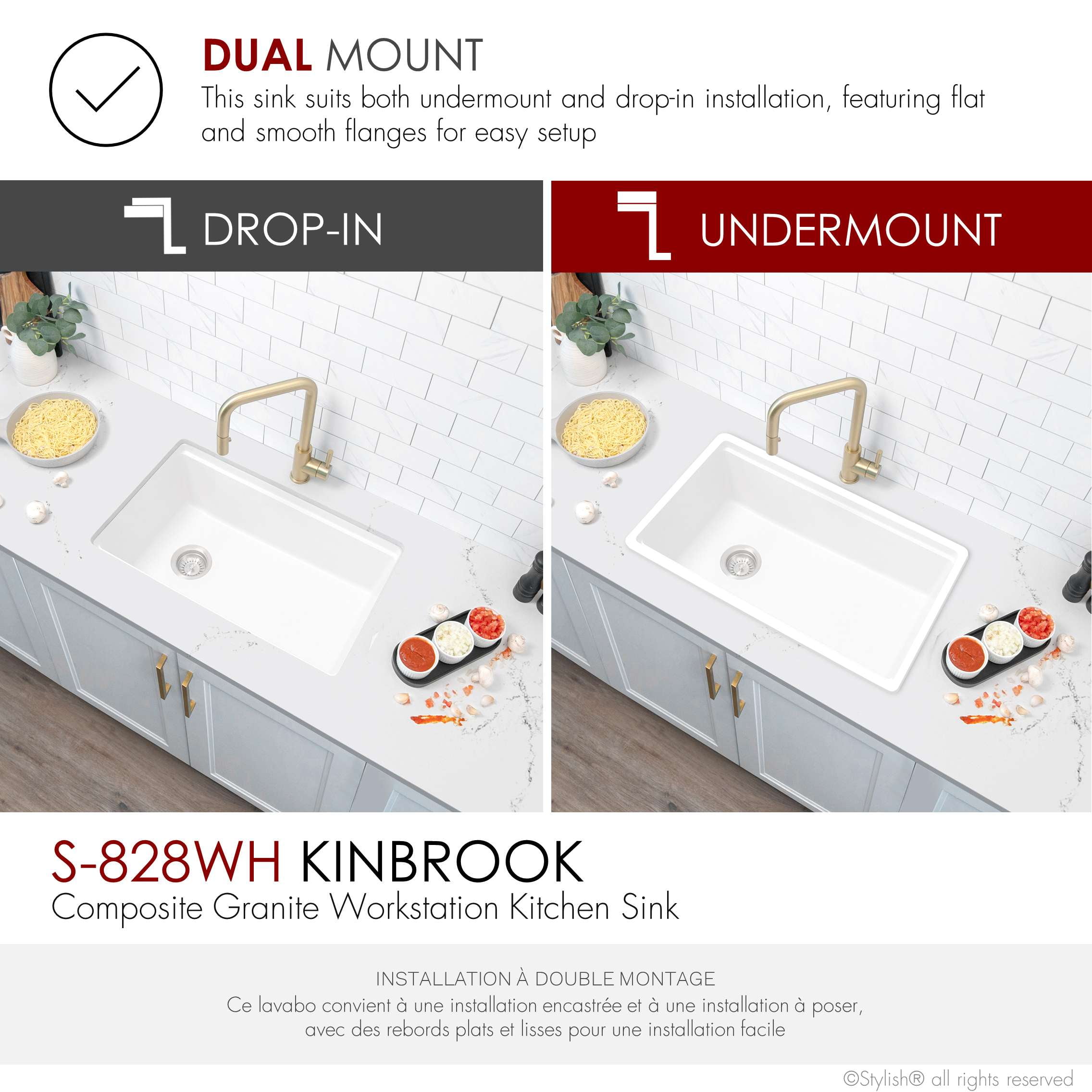 Stylish Dual Mount 28" White Composite Granite Single Bowl Kitchen Sink with 4 accs S-828WH