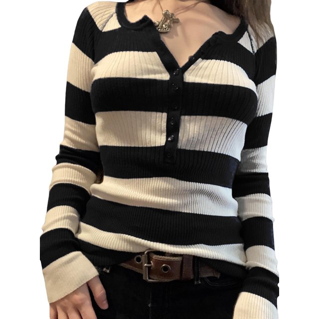 Fortune Women Striped Knitted Pullover Long Sleeve Slim Tops Casual Contrast Color Tops
