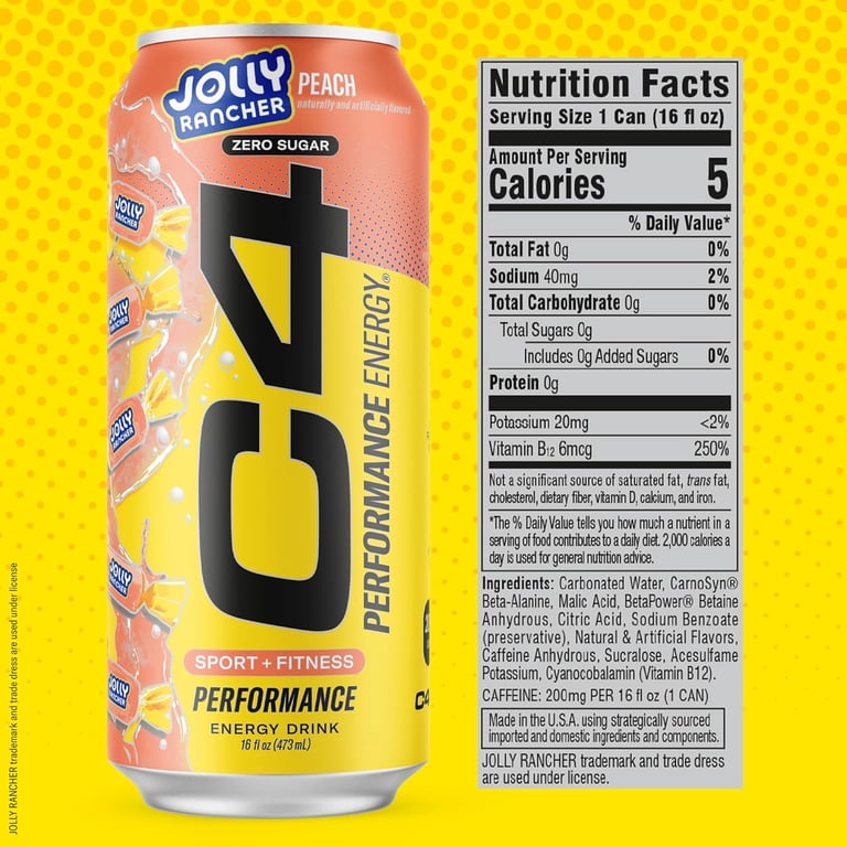 C4 Performance Energy, Jolly Rancher Peach, Zero Sugar, 16 fl oz